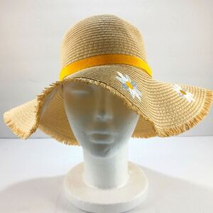 F&F Floppy Rim Banded Straw Like Hat With Daisy Applique Accents.
